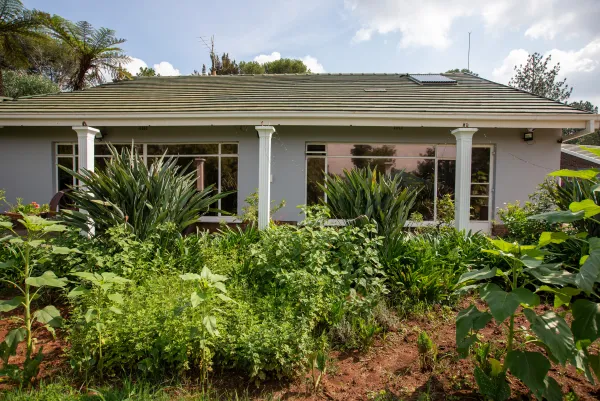 Main house with garden beds and verandah columns